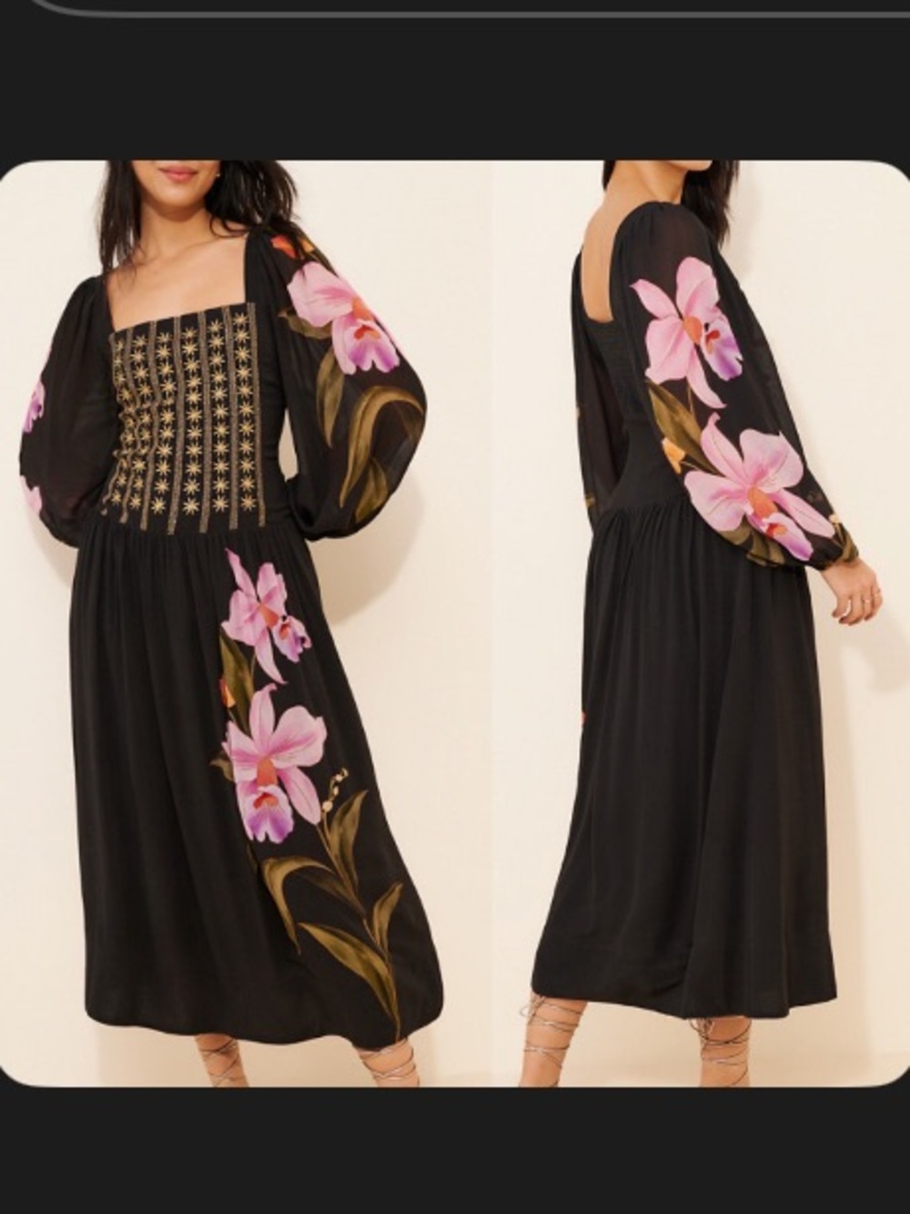 Black Midi Dress with Pink Floral Print and Smocked Bodice